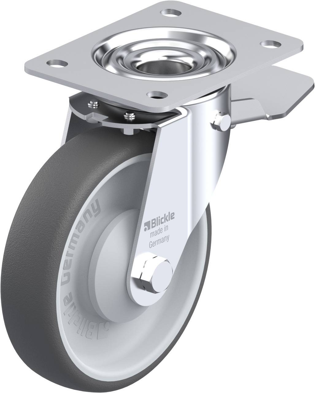 Grauer Bockrolle mit Metallgehäuse, Kugellager und rechteckiger Montageplatte. Geeignet für Möbel oder Industrieanwendungen.