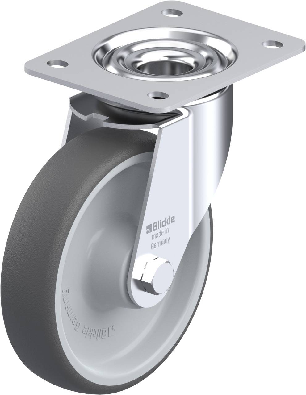 Industrie-Lenkrolle aus Metall mit grauem Rad und Montageplatte, geeignet für Möbel oder Geräte. Hergestellt in Deutschland.