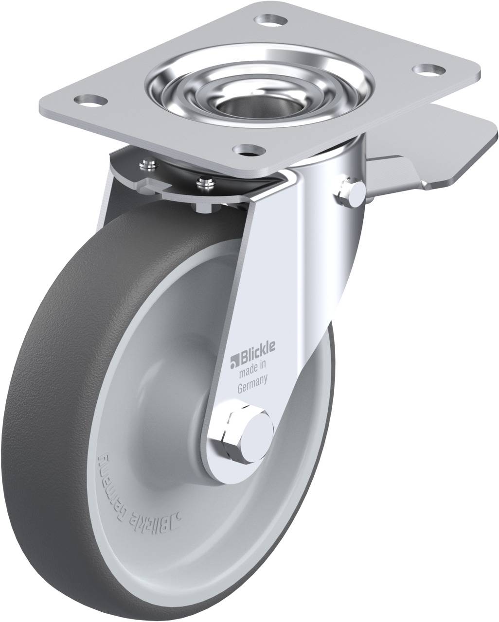 Blickle-Lenkrolle aus Metall mit grauem Rad und Befestigungsplatte, geeignet für Möbel oder Transportmittel.