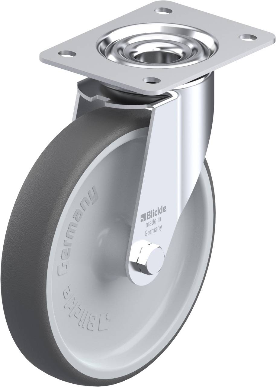 Graues Lenkrolle mit zylindrischem Gummirad, montiert auf einer Metallplatte. Aufschrift auf der Rolle: 'Blickle made in Germany'.