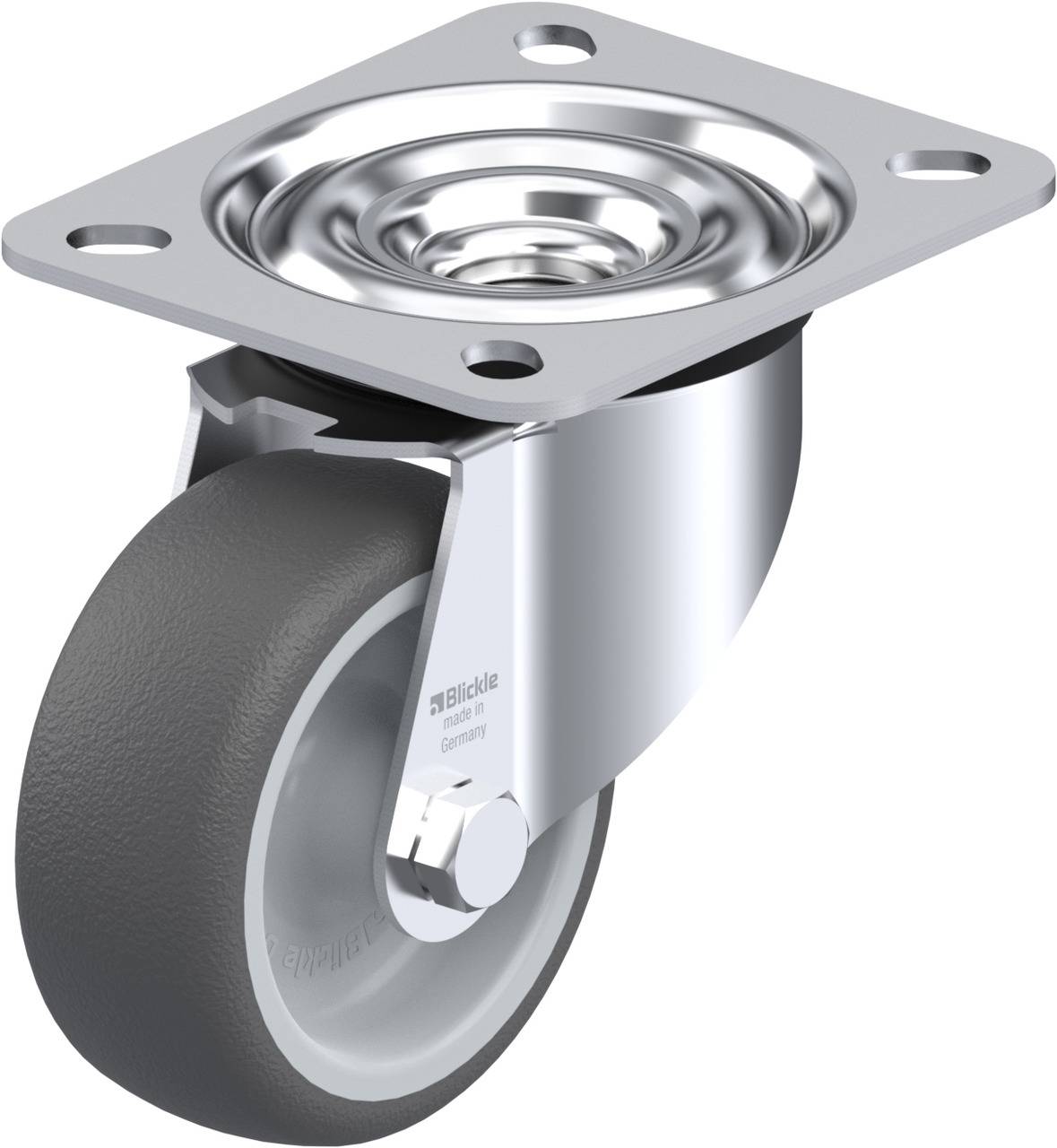 Graue Laufrolle mit silberner Befestigungsplatte, geeignet für Transport- oder Möbelstücke. Hochwertige Bauweise, glatt drehbar.