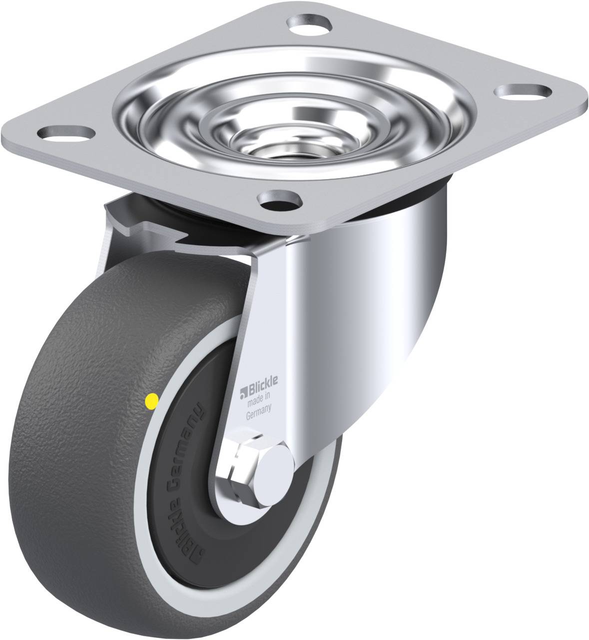 Industrie-Lenkrolle mit grauem Rad und Metallschwenkplatte, geeignet für schwere Lasten.