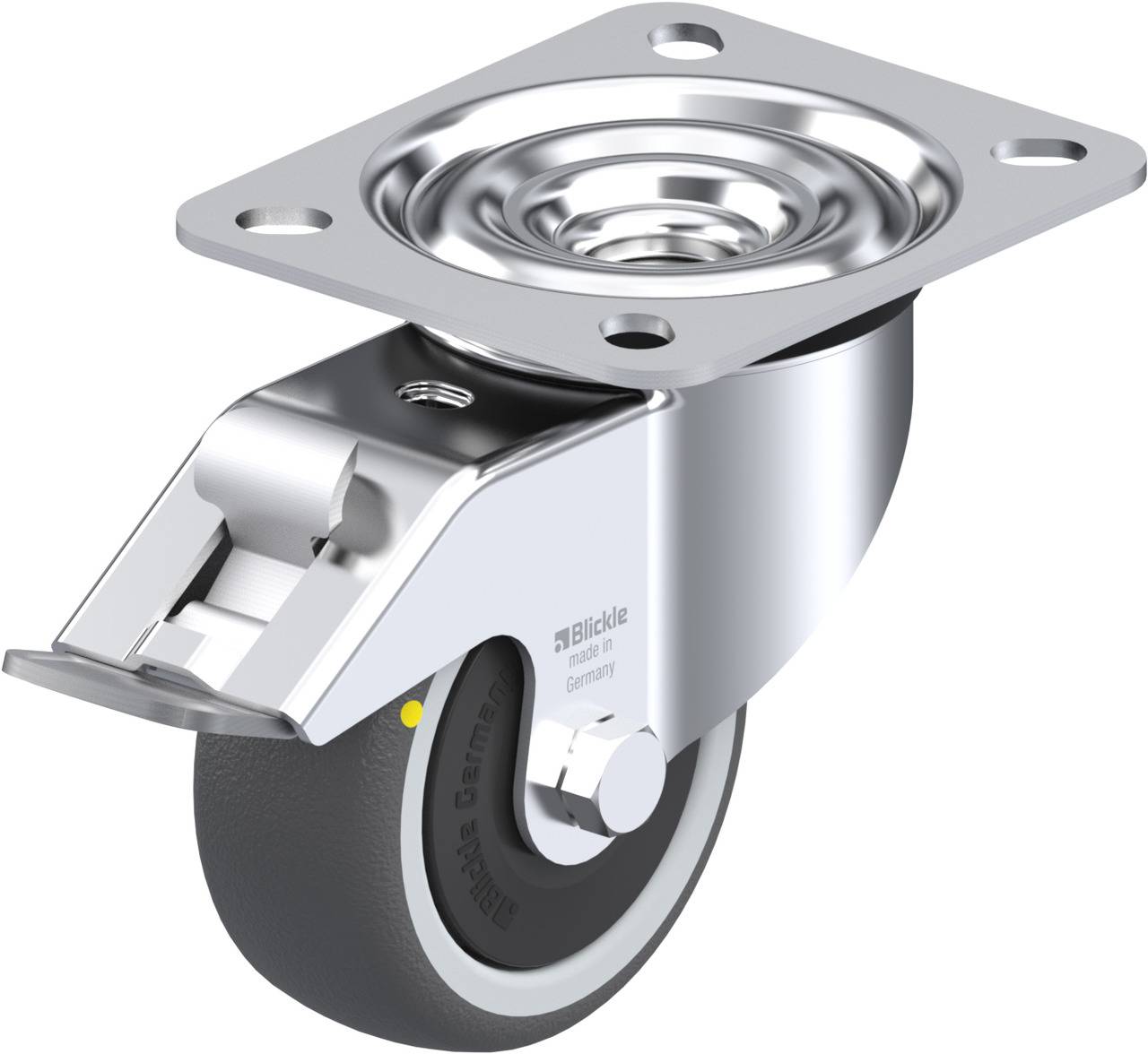 Schwenkrolle aus Metall mit grauem Rad, geeignet für Möbel und industrielle Anwendungen. Sie hat eine rechteckige Montageplatte.