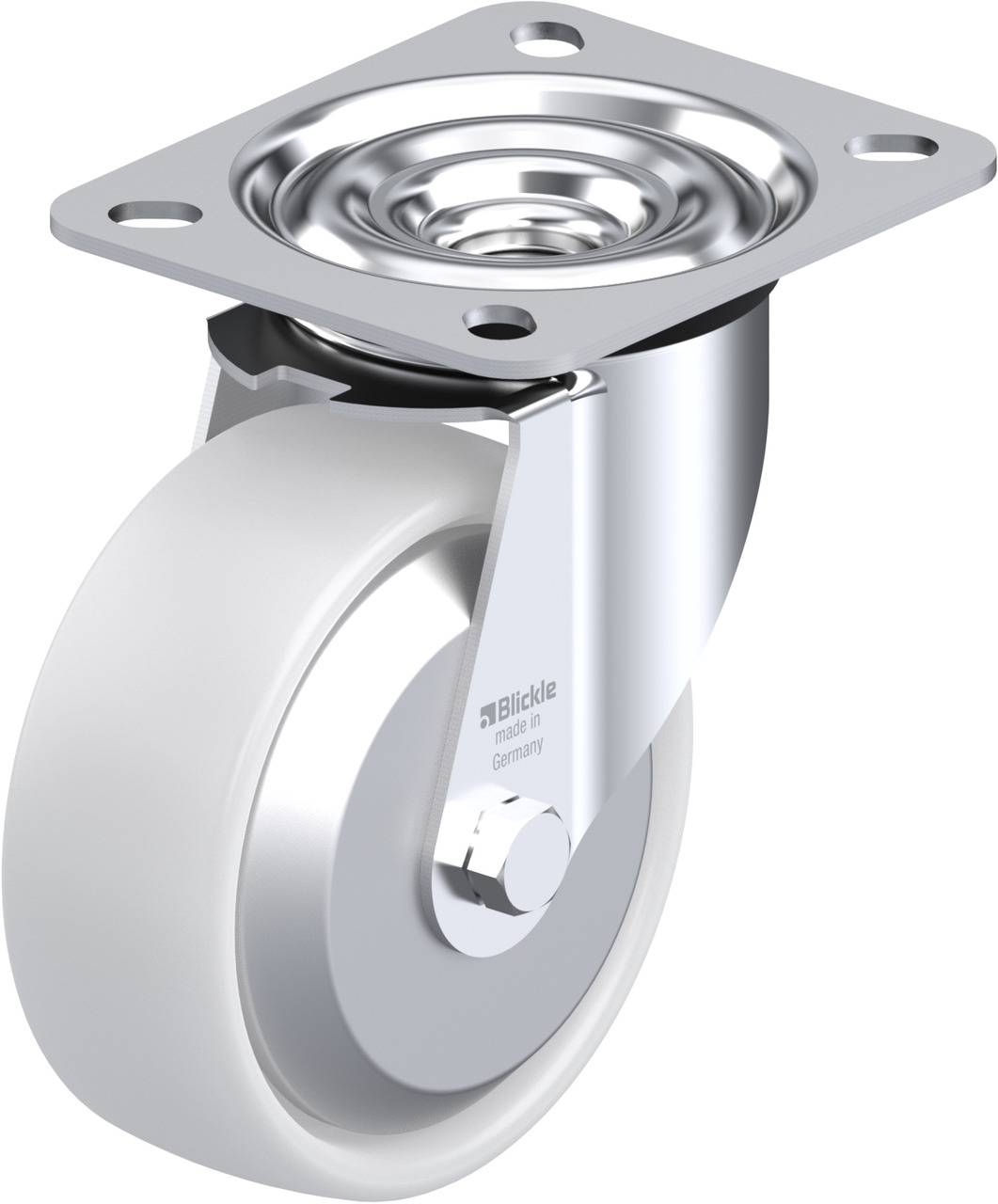 Eine Rolle mit Metallgehäuse und weißem Rad. Sie hat eine Befestigungsplatte mit vier Löchern für die Montage.