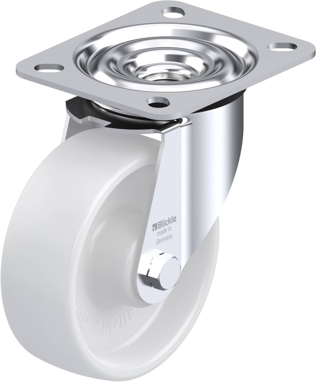 Ein silberfarbiges Gehäuse mit einer weißen Radrolle. Verwendet für Möbel oder Transportgeräte zur leichten Bewegung.