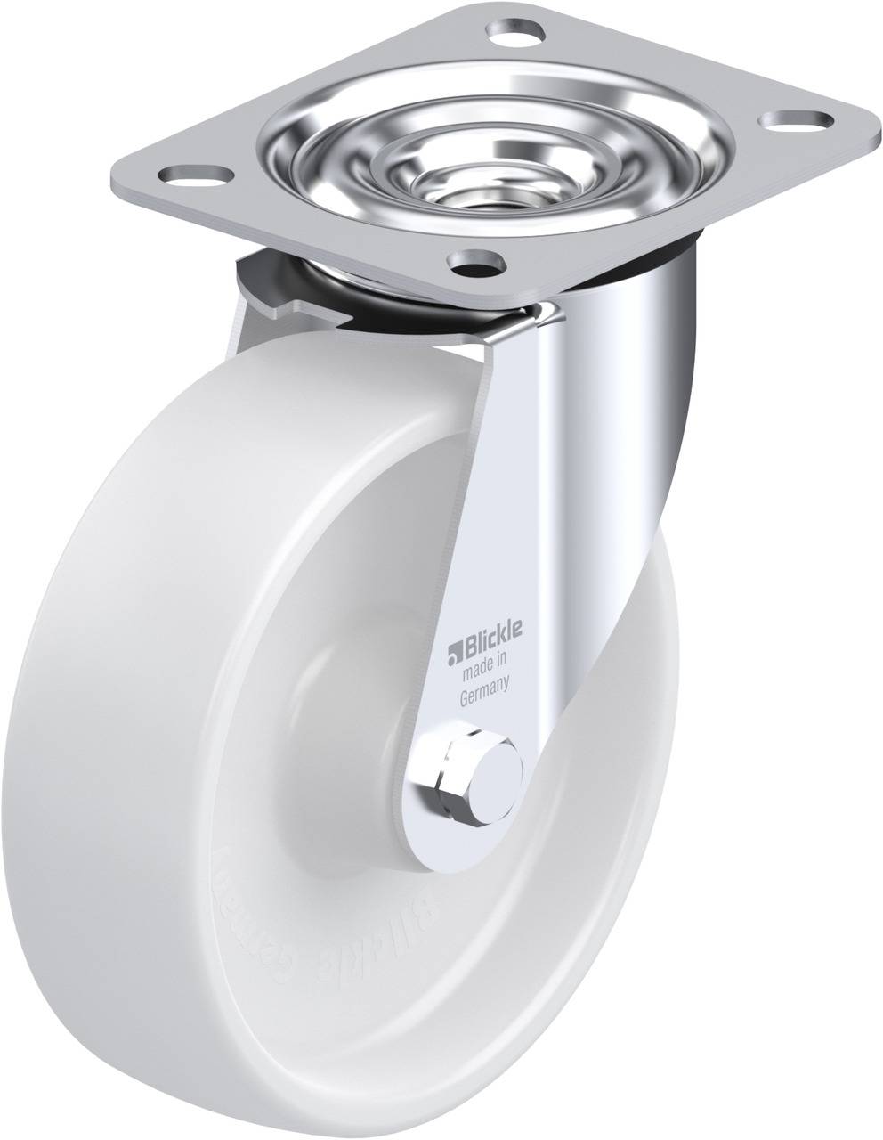 Drehbares Edelstahl-Lenkrolle mit weißem Rad und Befestigungsplatte, geeignet für Möbel oder industrielle Anwendungen.