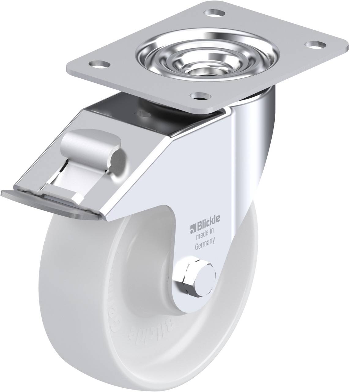 Ein silbernes Lenkrollenrad mit weißem Kunststoffrad und Montageplatte, geeignet für Möbel- oder Gerätebewegung.