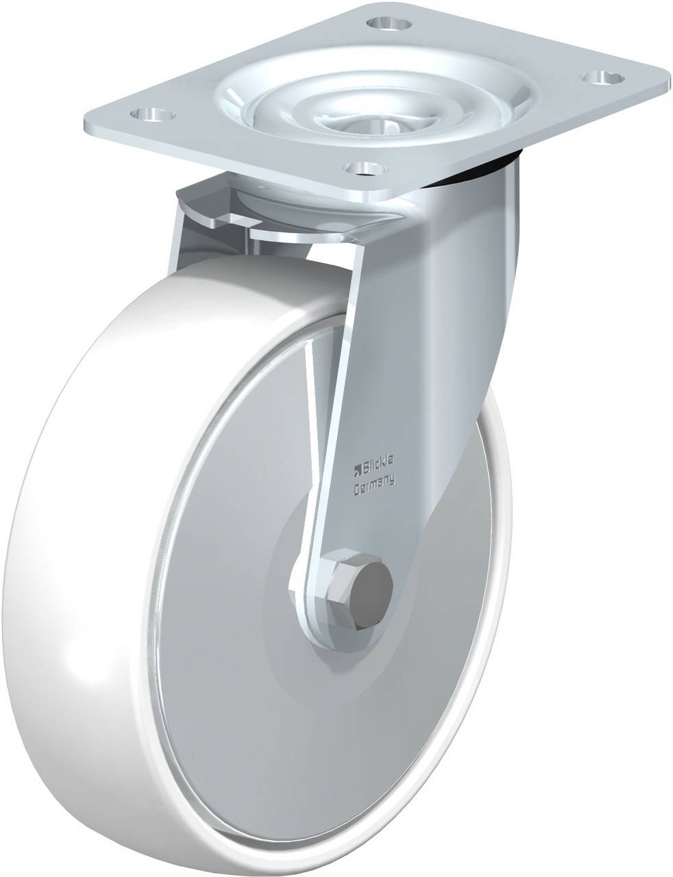 Ein einzelnes Lenkrollrad aus Metall und Kunststoff mit Befestigungsplatte, geeignet für Mobilität bei Möbeln oder Geräten.