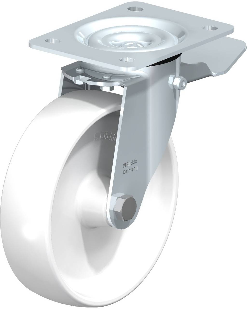 Schwenkrolle mit weißem Rad und silbernem Halter. Die Rolle ist für Möbel oder Transportgeräte gedacht.