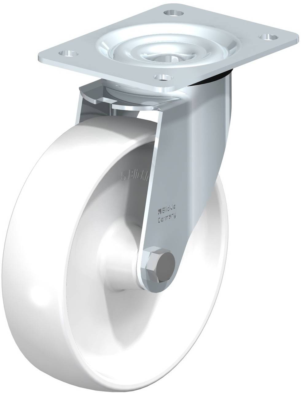 Metallrollenhalterung mit weißem Rad darunter. Das Rad ist schwenkbar gelagert, zur Befestigung an Möbeln oder Geräten geeignet.