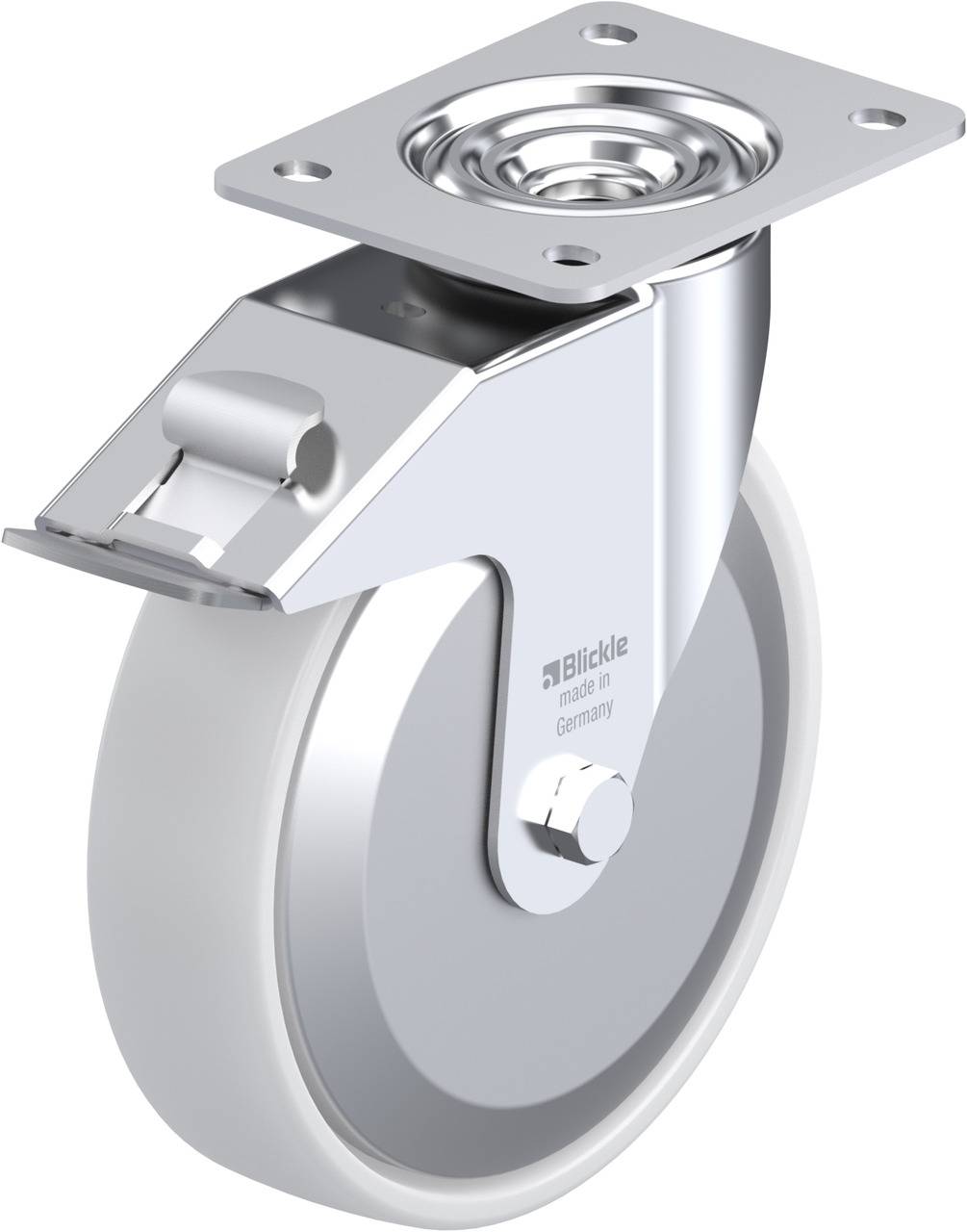 Metallenes Lenkrollenrad mit Befestigungsplatte, glänzendem Gehäuse und grauem Rad. Geeignet für Möbel oder Transportwagen.