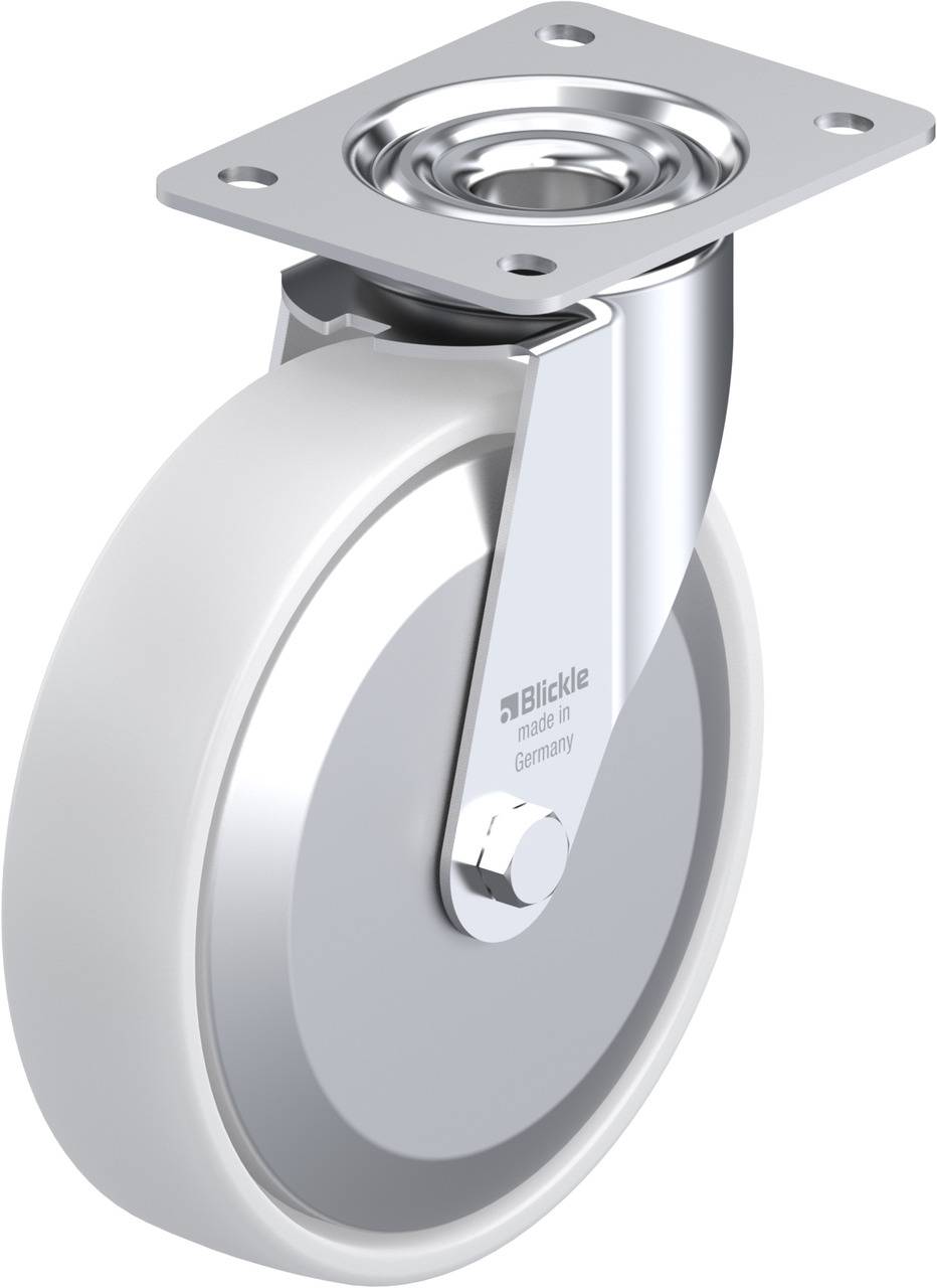 Schwenkrolle mit weißem Rad und grauem Kern, verstärkte Metallhalterung, geeignet für Transportwagen oder Möbel, Marke sichtbar.