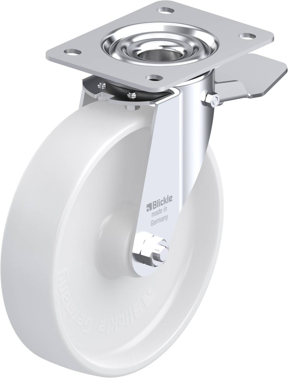 Lenkrolle mit weißem Rad und silberner Befestigungsplatte, geeignet für Möbel oder Industrieanwendungen.