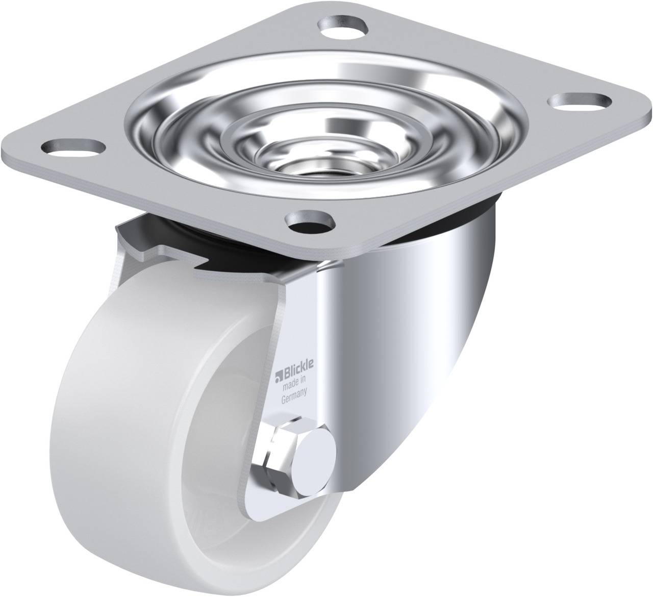 Metallrolle mit Platte und Lager, drehbar; häufig verwendet für Möbel oder Transportwagen zur einfachen Bewegung.