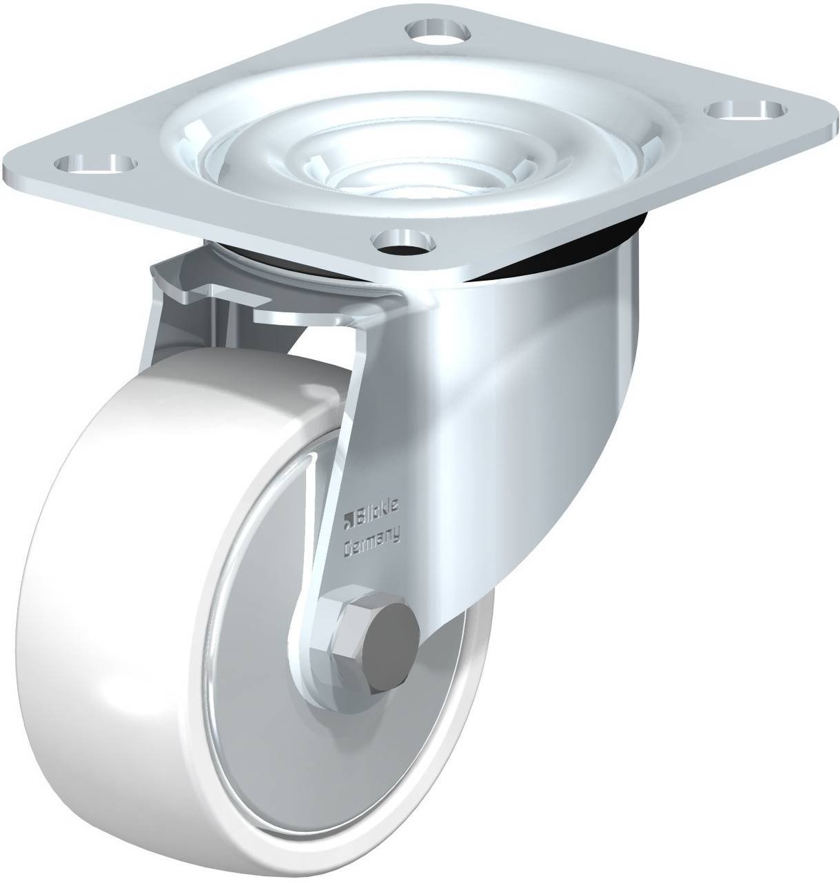 Metallisches Lenkrollen-Rad mit Befestigungsplatte, silberne Halterung, weiße Rolle. Verwendet für Mobilität von Möbeln oder Geräten.