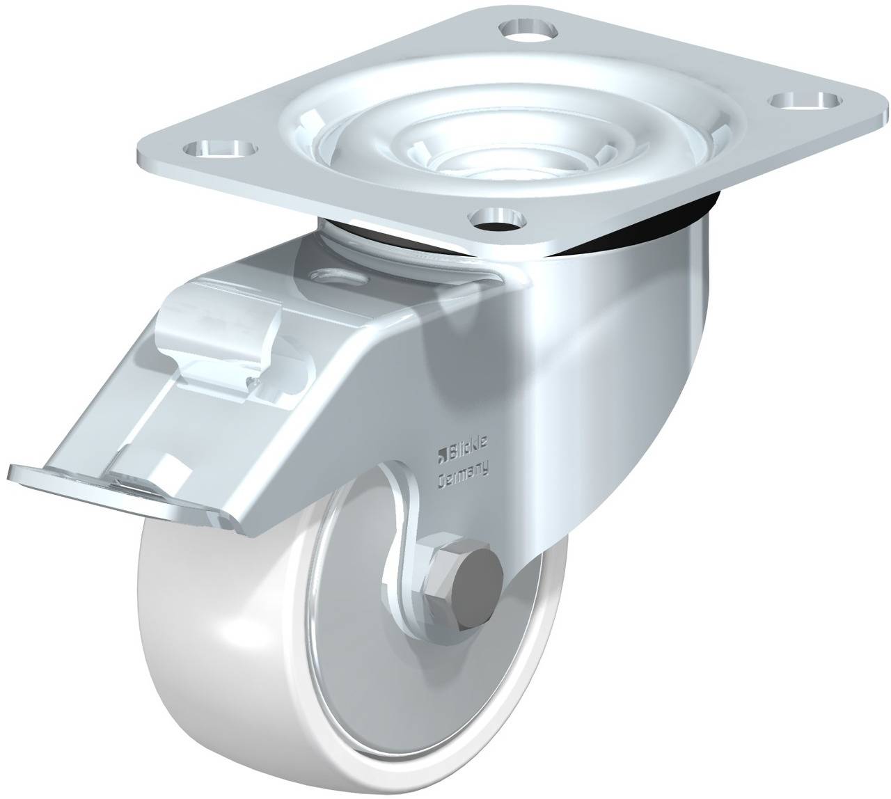 Silberne Lenkrolle mit Befestigungsplatte, geeignet für Möbel oder Geräte, aus Metall und Kunststoff, zur einfachen Bewegung.