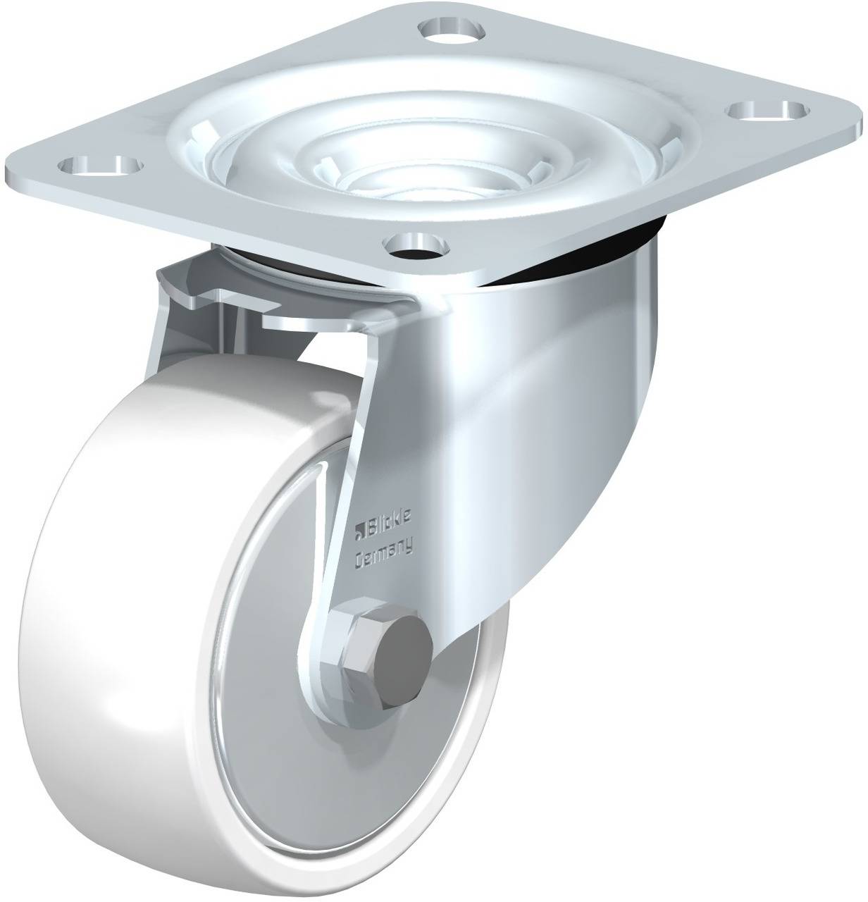Ein silbernes drehbares Laufrollenrad mit weißem Rad und Befestigungsplatte, verwendet für Möbel oder Gerätebeweglichkeit.