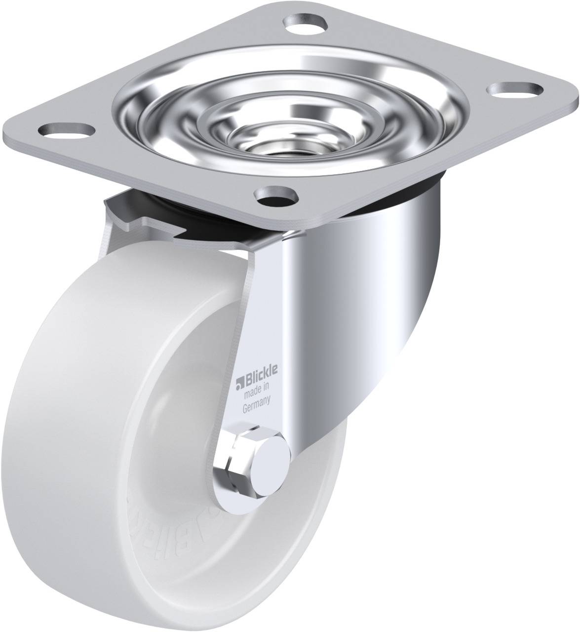 Metall-Rollenbock mit weißem Rad und Befestigungsplatte, geeignet für industrielle Anwendungen und leichte Mobilität von Geräten.