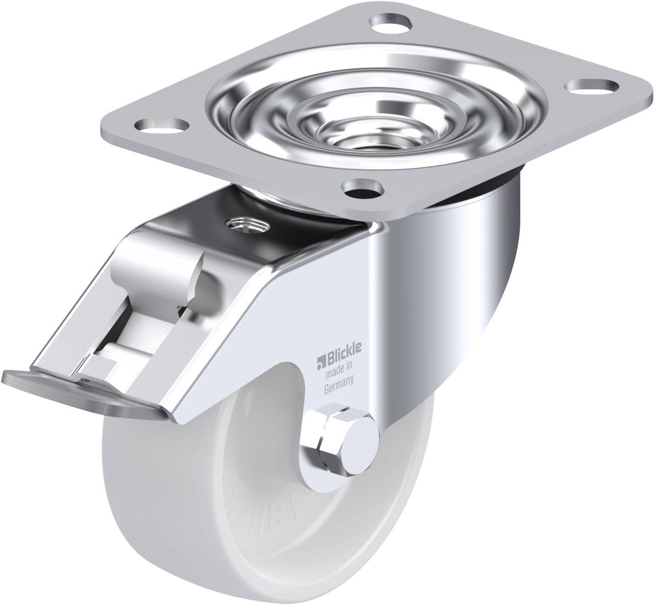 Metallrolle mit flacher, rechteckiger Platte und drehbarem Rad aus weißem Material. Geeignet für Möbel oder Gerätebewegung.