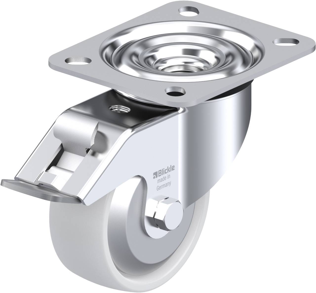 Ein drehbares Laufrollenrad aus Metall mit Montageplatte und Bremse, geeignet für schwere Lasten und industrielle Anwendungen.