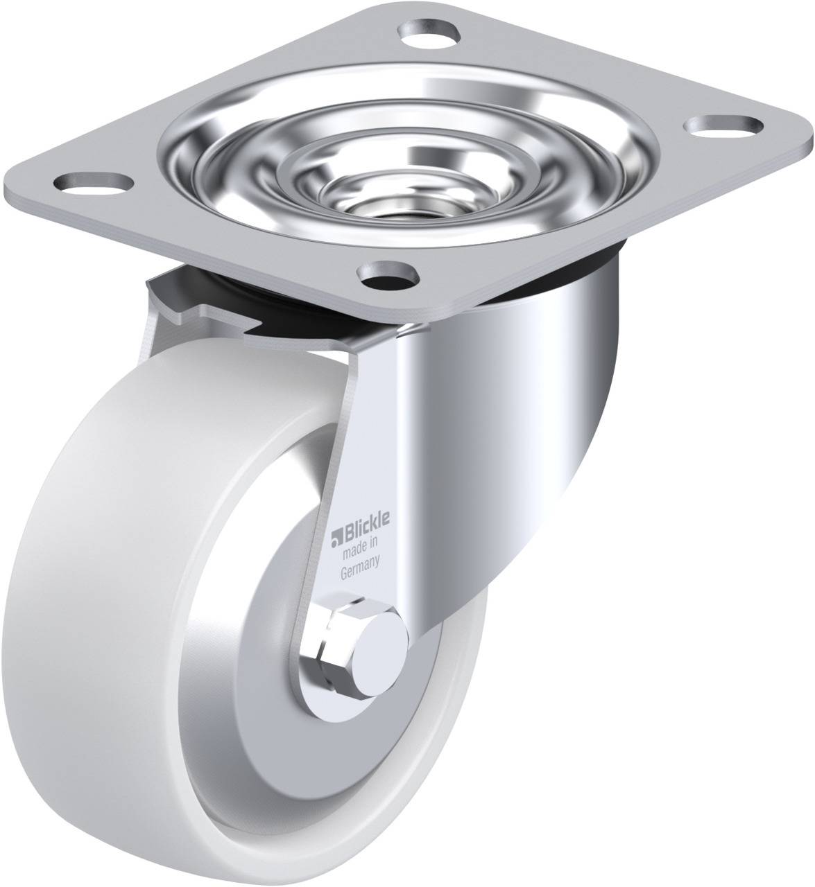 Schwenkrolle aus Metall mit weißem Rad und rechteckiger Befestigungsplatte.