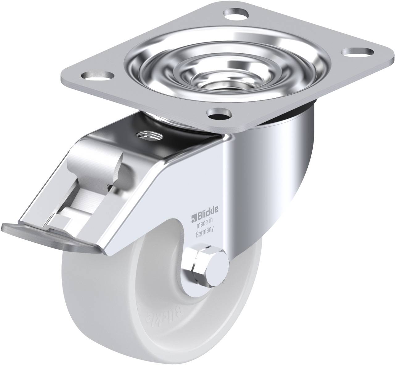 Rollenrolle aus Metall mit weißem Rad und Halterung zur Befestigung an Möbeln oder Geräten. Geeignet für leichte bis mittelschwere Lasten.