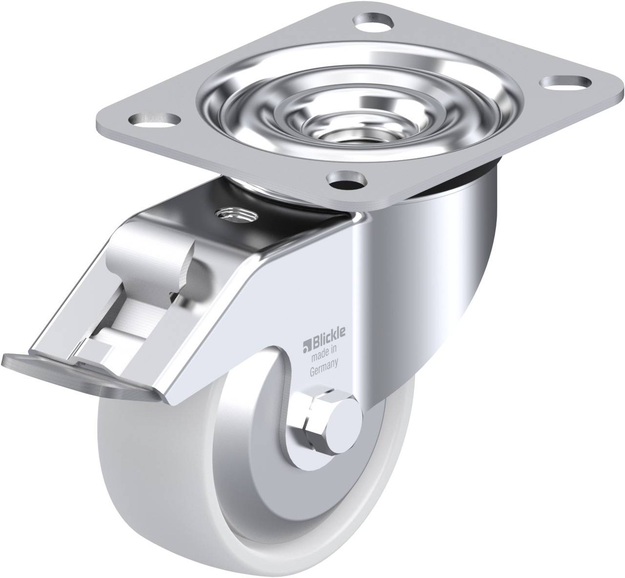 Metall-Rollenrad mit Halterung, geeignet für Möbel oder Geräte, glänzende Oberfläche, industrielle Anwendung.