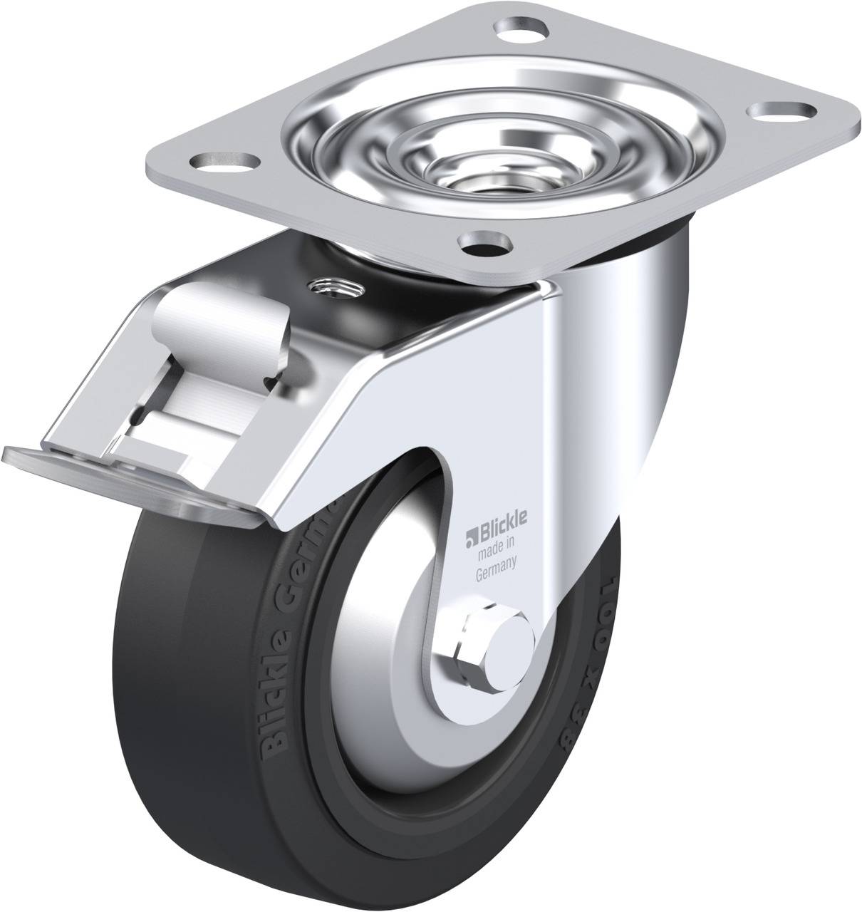 Metallenes Lenkrolle mit schwarzem Rad und Platte zur Befestigung, geeignet für Möbel oder Transportwagen.