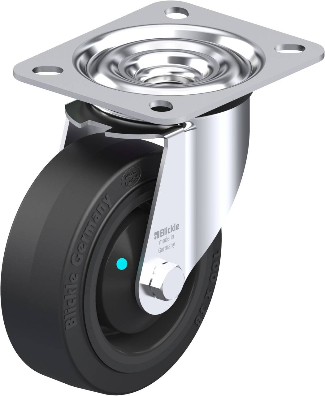 Schwenkrolle mit schwarzem Rad und silbernem Gehäuse, beschriftet mit 'Blickle Germany'. Hauptsächlich für Transportwagen verwendet.