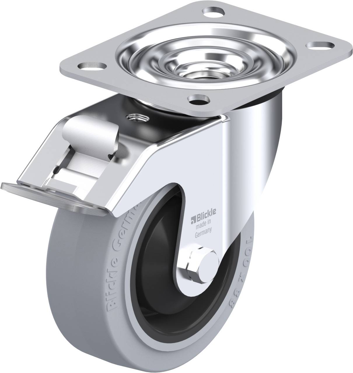 Schwenkrolle aus Metall mit grauem Rad und Befestigungsplatte. Geeignet für Möbel und Transportgeräte.