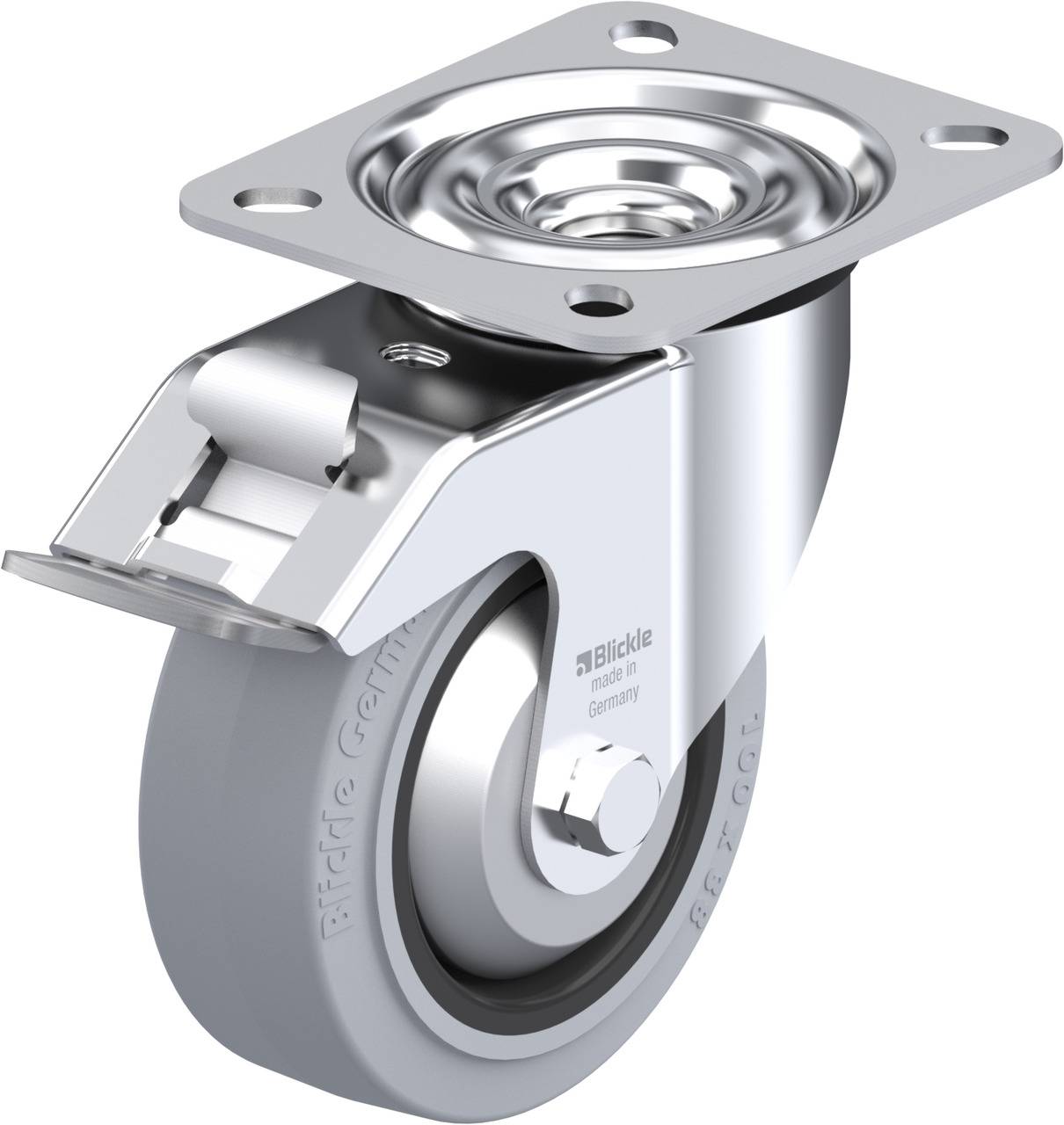 Metallenes Lenkrollenrad mit grauem Gummireifen und Montageplatte, geeignet für Möbel oder industrielle Anwendungen.