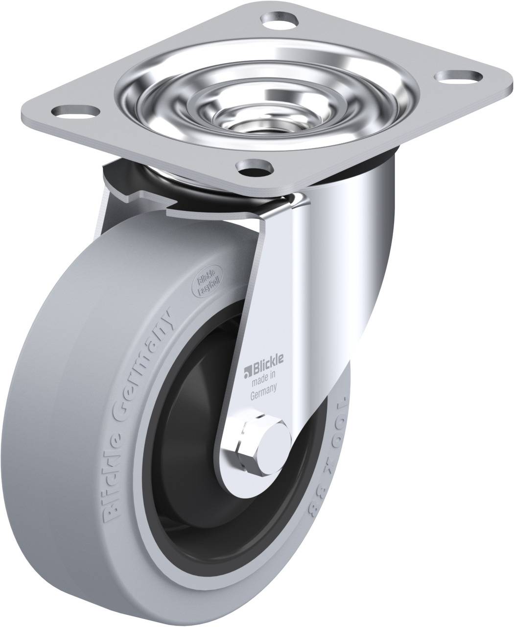 Metallrollenlenkrolle mit grauem Rad und schwarzer Achse auf weißem Hintergrund. Geeignet für Möbel oder Industrieanwendungen.