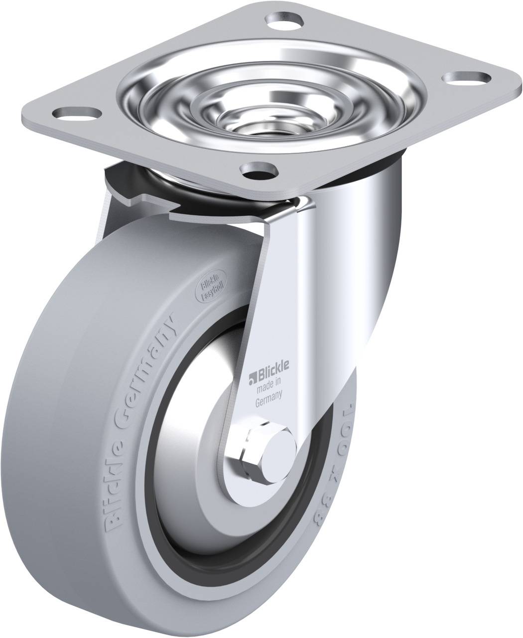 Lenkrolle mit grauem Rad und silbernem Gehäuse, geeignet für Möbel oder Geräte. Rollenmechanismus oben mit Befestigungsplatte.