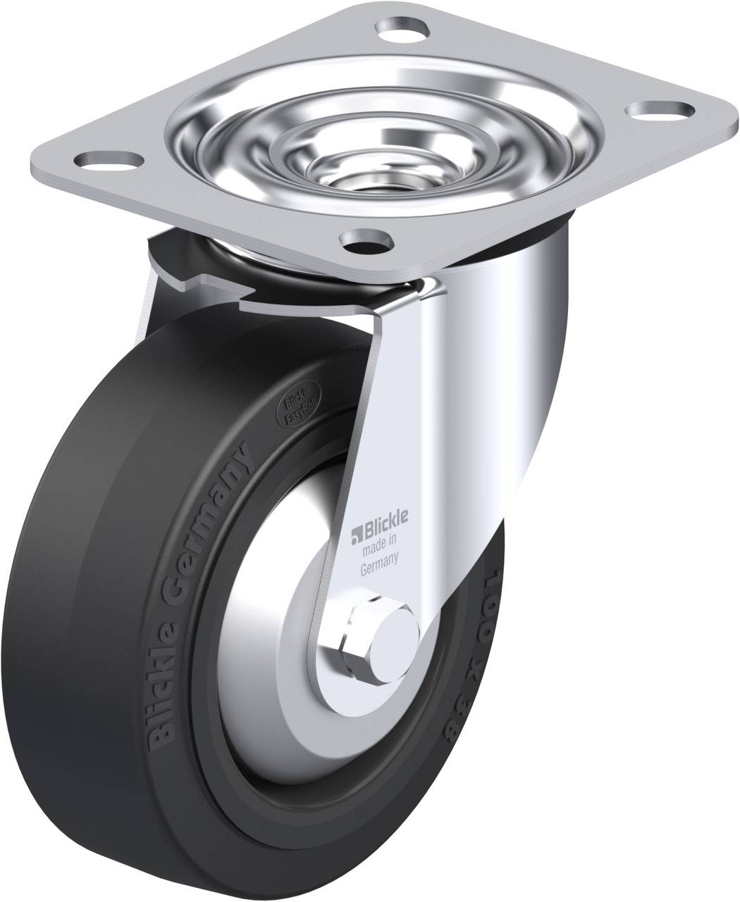 Eine graue Rolle mit Metallplatte und schwarzem Rad, vermutlich für Möbel oder Transportgeräte, markiert mit 'Blickle Germany'.