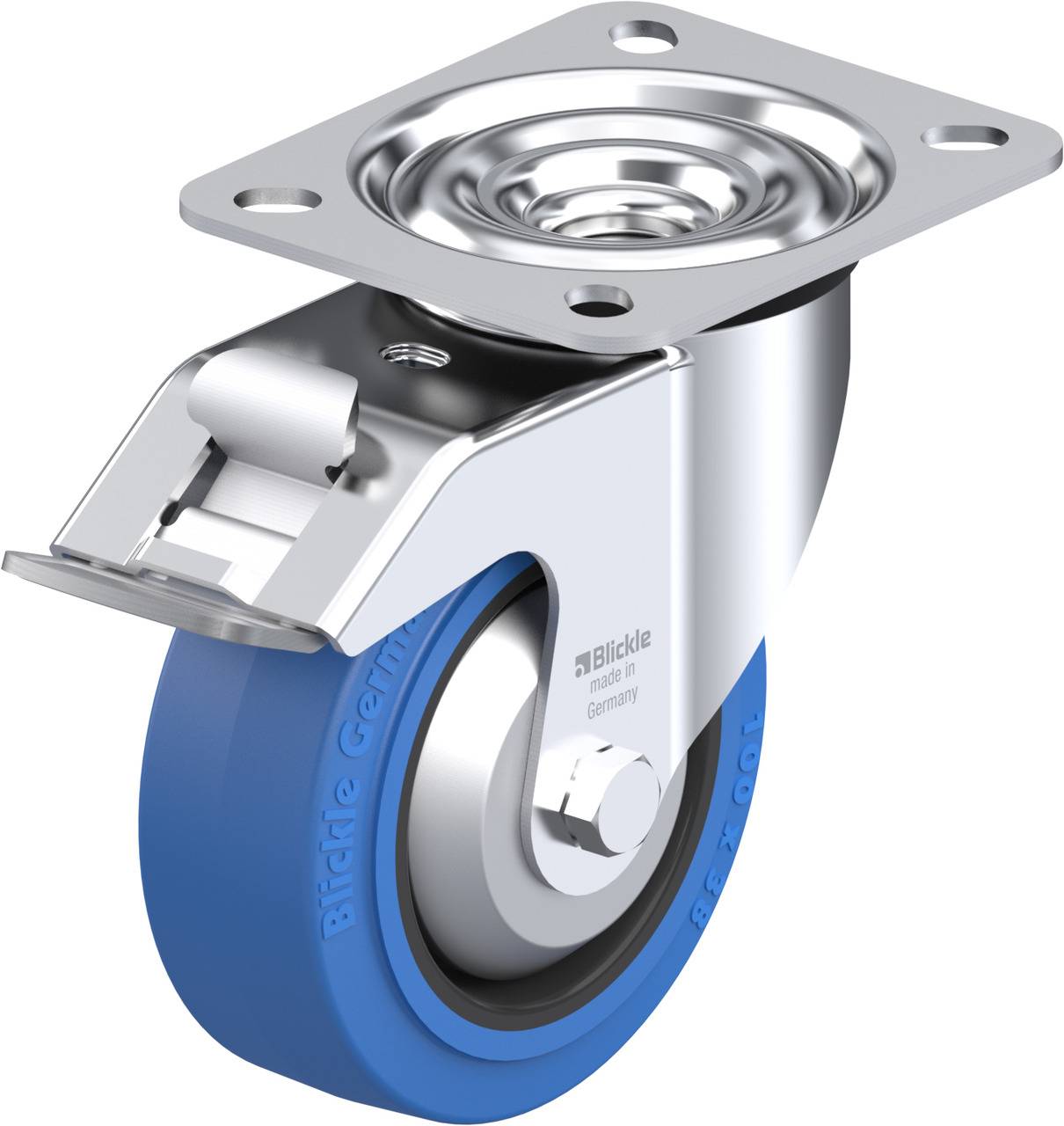 Schwenkrolle mit blauem Gummirad, Plattenbefestigung aus Metall, geeignet für Transportgeräte und industrielle Anwendungen.