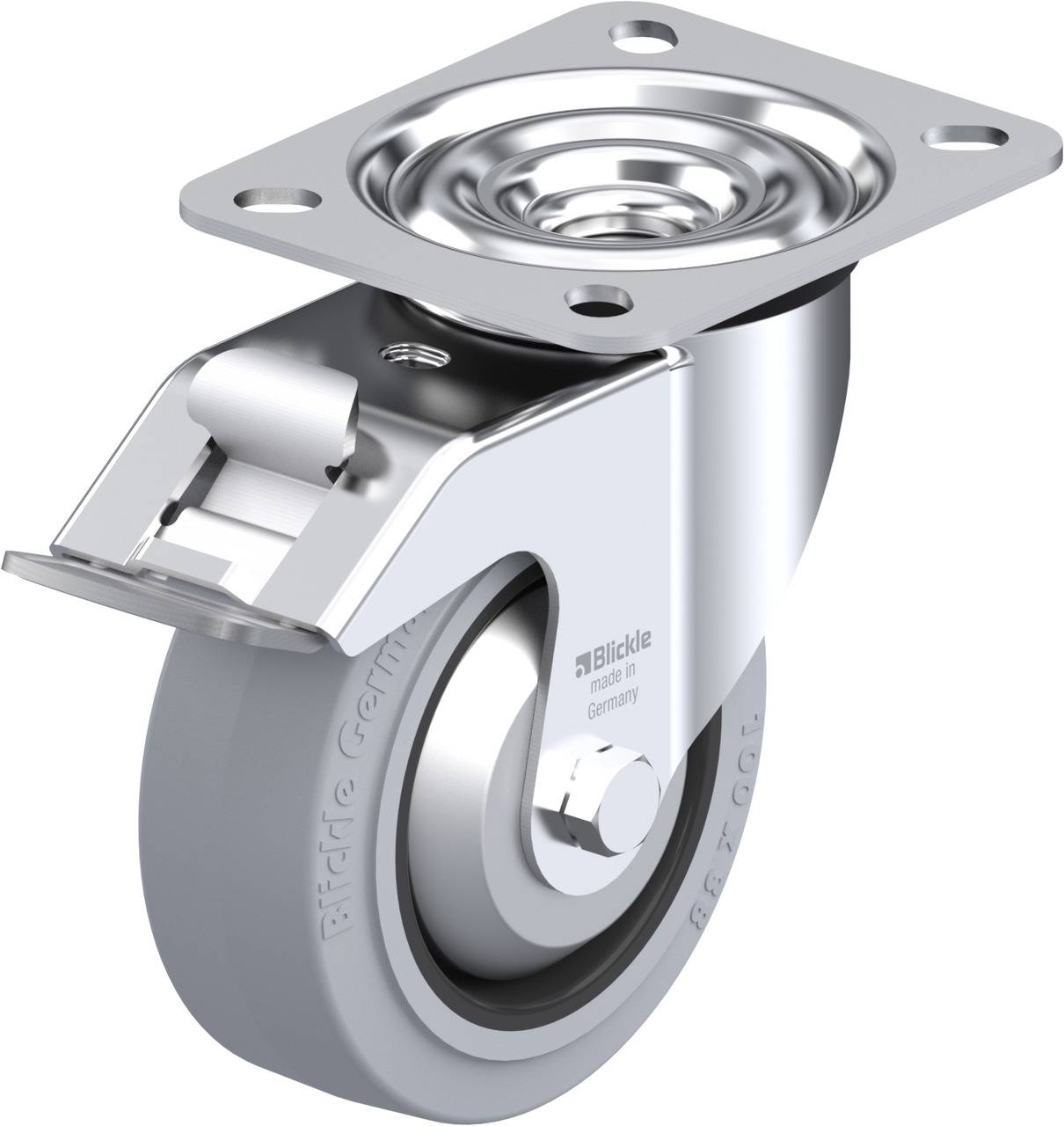 Industrie-Lenkrolle aus Metall mit grauem Rad und Befestigungsplatte. Geeignet für Möbel oder Geräte.