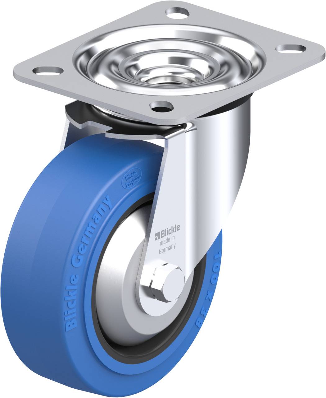 Blaues Lenkrolle Voransicht einer blauen Lenkrolle mit silbernem Halter, geeignet für industrielle Anwendungen.