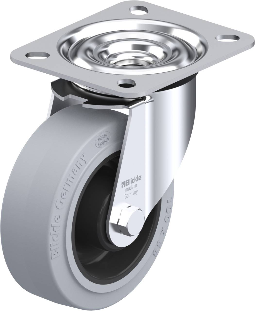 Schwenkrolle mit grauem Rad und Metallschelle. Sie dient zum leichten Bewegen von Möbeln oder Geräten auf glatten Oberflächen.