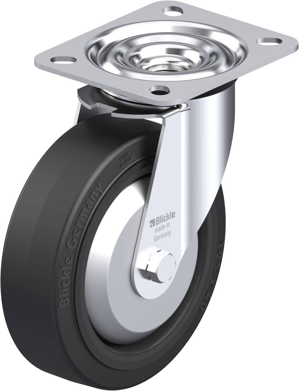 Eine einzelne Rollenlenkrolle mit schwarzem Gummirad und metallischer Halterung, geeignet für verschiedene Transportgeräte.