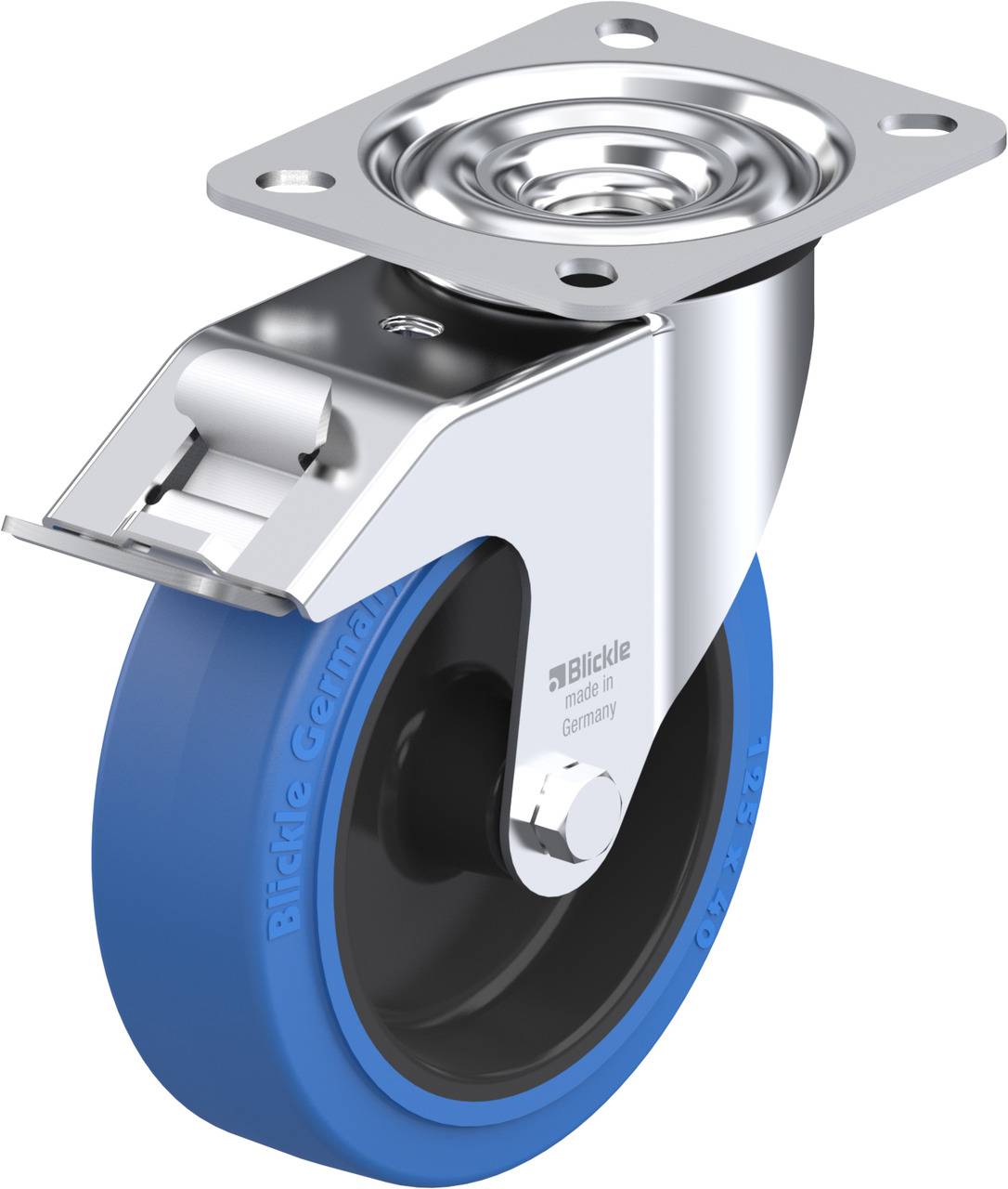 Metallrolle mit blauem Rad für Industrieanwendungen. Befestigungsplatte oben, geeignet für Möbel oder Gerätebewegung.