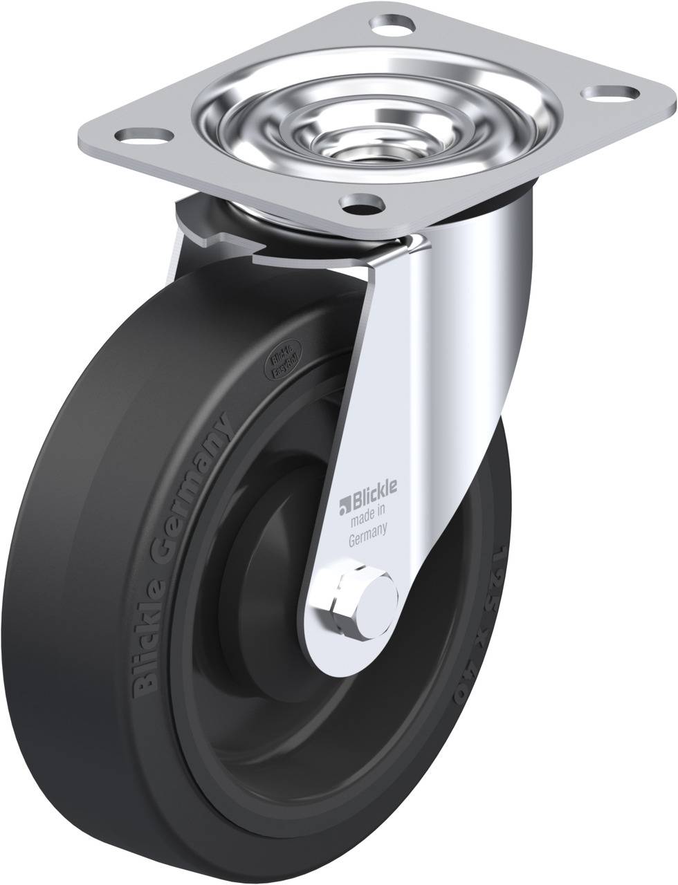 Schwenkrolle mit schwarzem Rad aus Kunststoff, Montagesockel aus Metall. Geeignet für industrielle Anwendungen und Transportwagen.