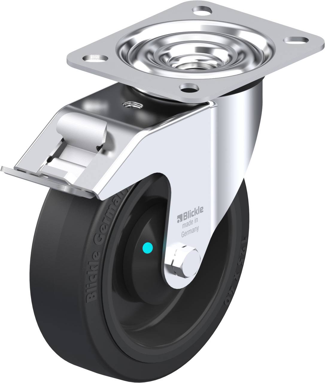 Schwenkrolle mit schwarzem Rad, metallener Halterung und Montagescheibe, geeignet für Möbel oder Transportgeräte.