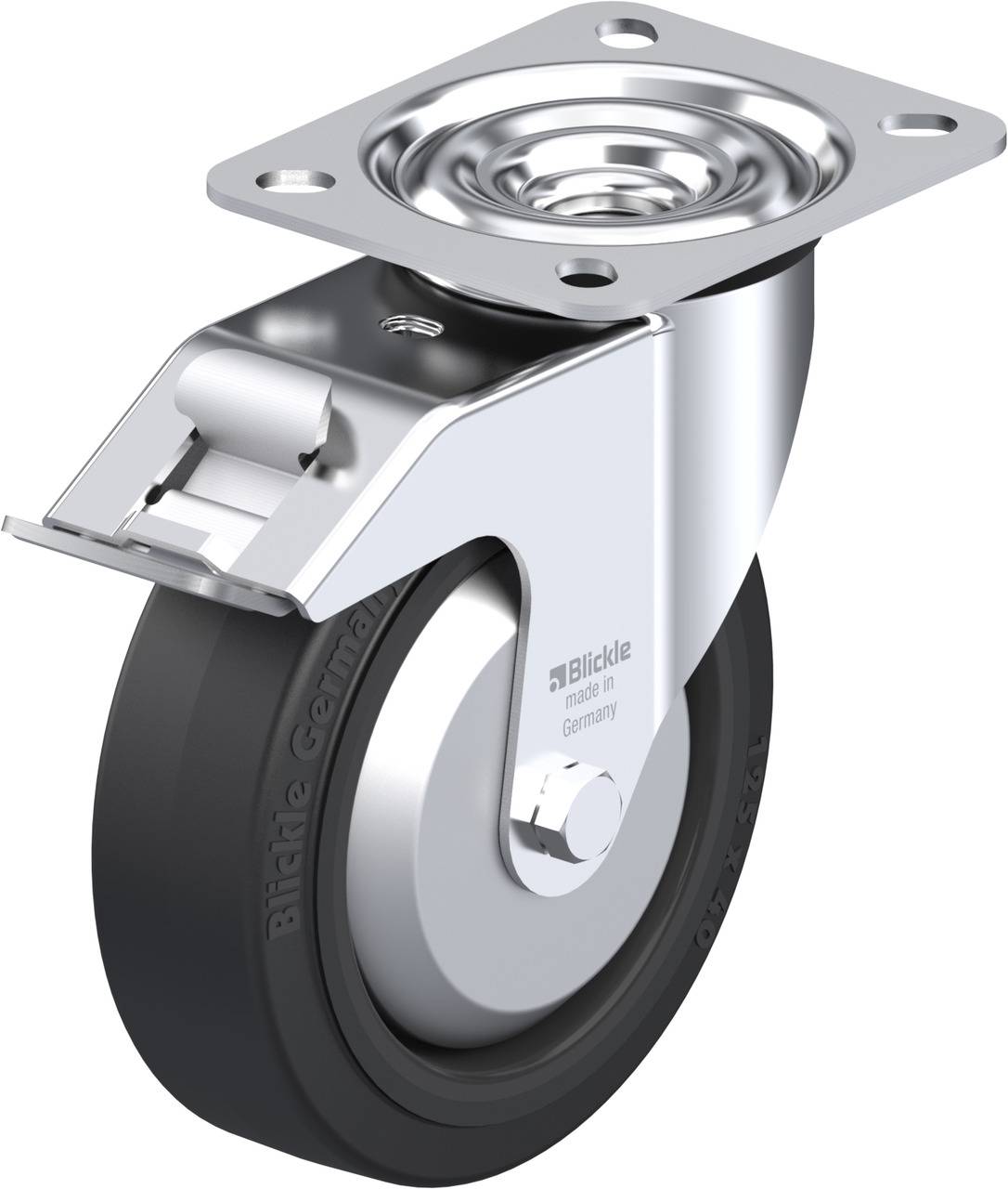 Schwenkrolle mit schwarzem Rad, verchromtem Gehäuse und Befestigungsplatte. Geeignet für schwere Lasten in industriellen Anwendungen.