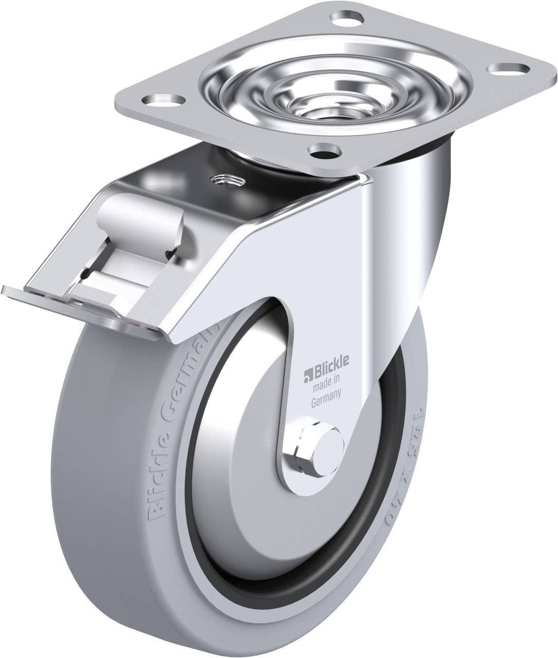 Schwenkrolle aus Metall mit grauem Rad und Befestigungsplatte oben. Geeignet für den industriellen Einsatz und schwere Lasten.