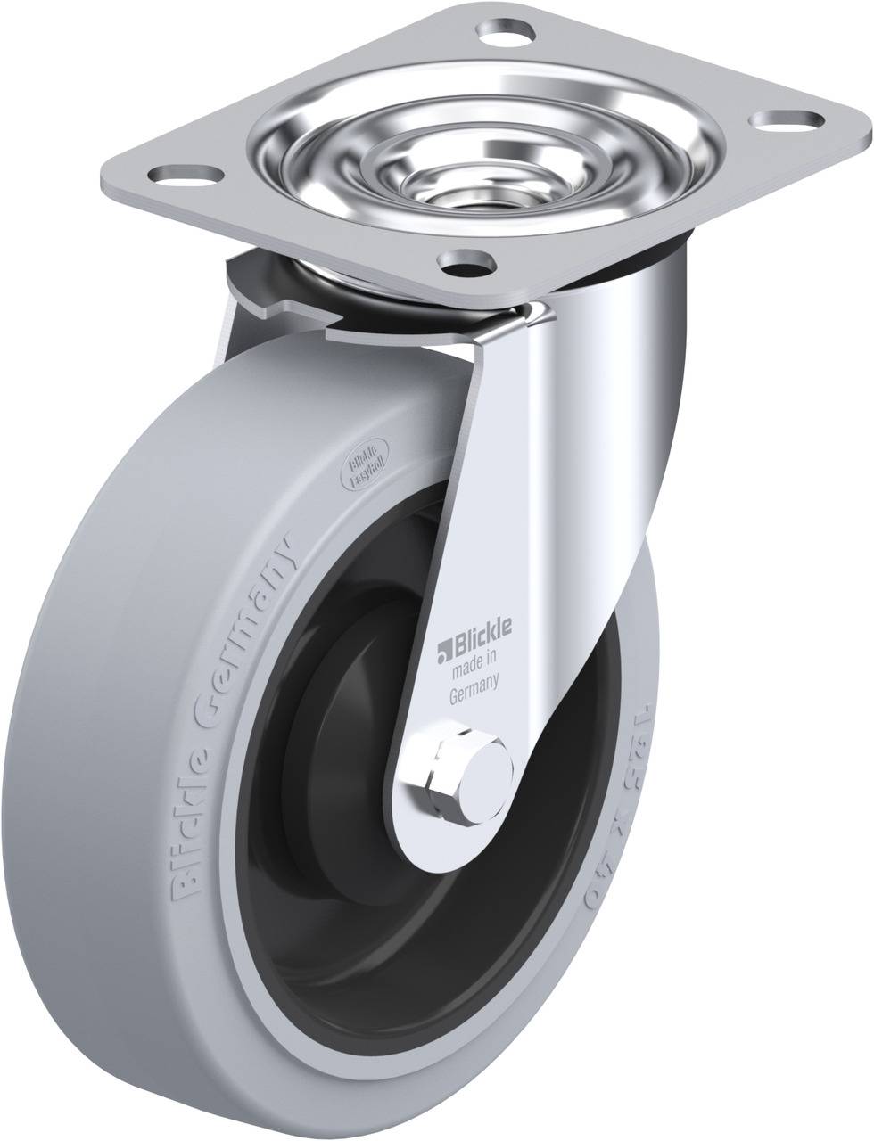 Ein silbernes Drehstuhlrad mit grauem Gummireifen und Metallbefestigung. Geeignet für Möbel oder Transportgeräte.