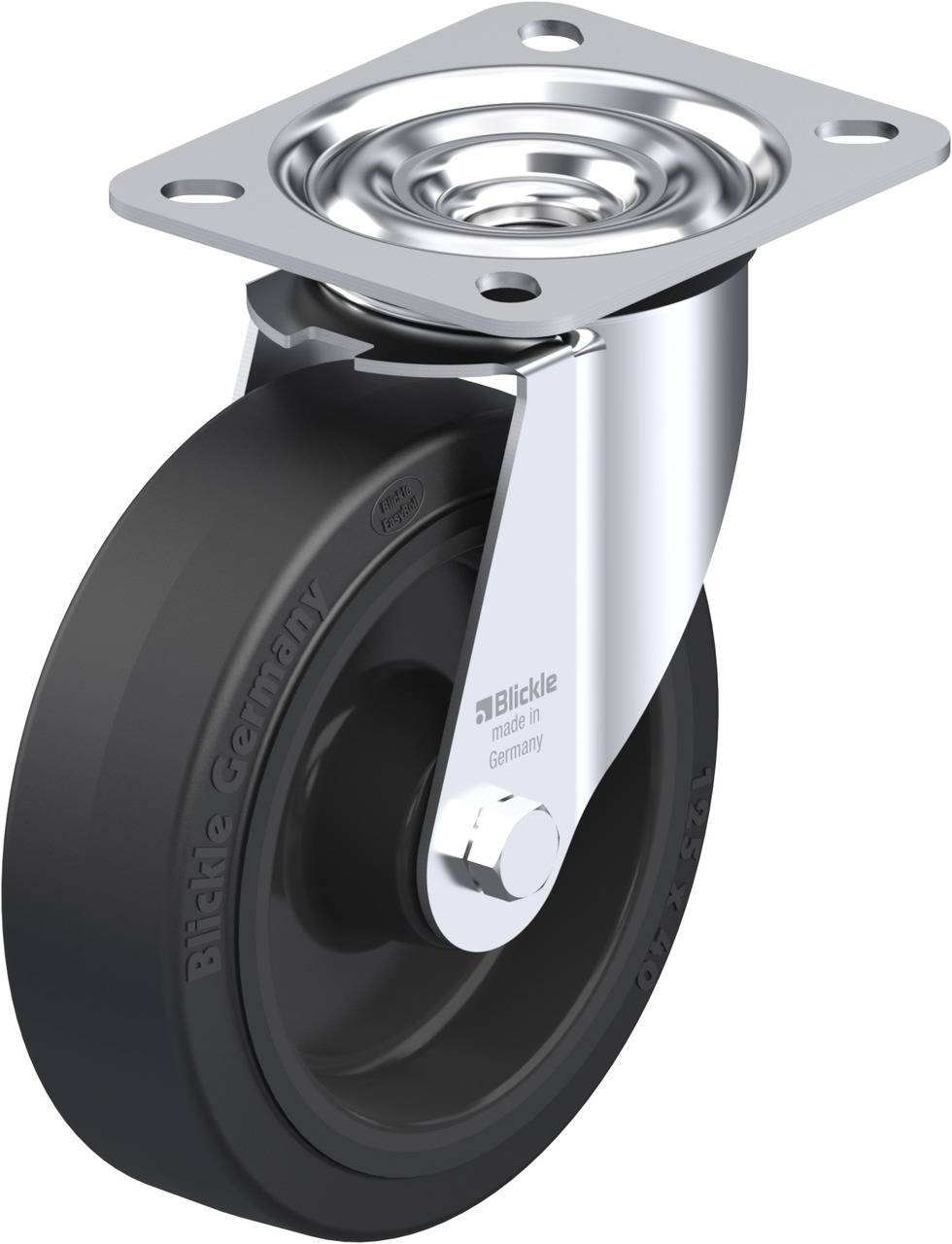 Dieses Bild zeigt ein schwarzes Lenkrollenrad mit einer silbernen Halterung, gefertigt von der Firma Blickle Germany.