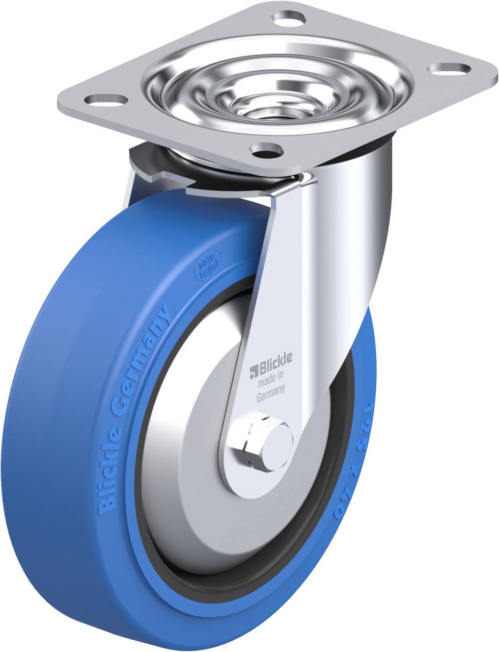 Eine blaue Lenkrolle mit Metallgehäuse und Montageplatte. Die Aufschrift 'Blickle Germany' ist auf der Gummierung sichtbar.