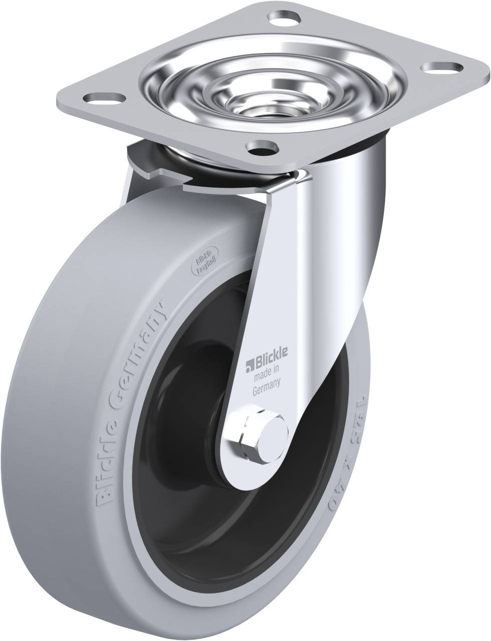 Graues Lenkrolle-Rad mit Metallhalterung und Befestigungsplatte, geeignet für den Möbel- oder Gerätebau.