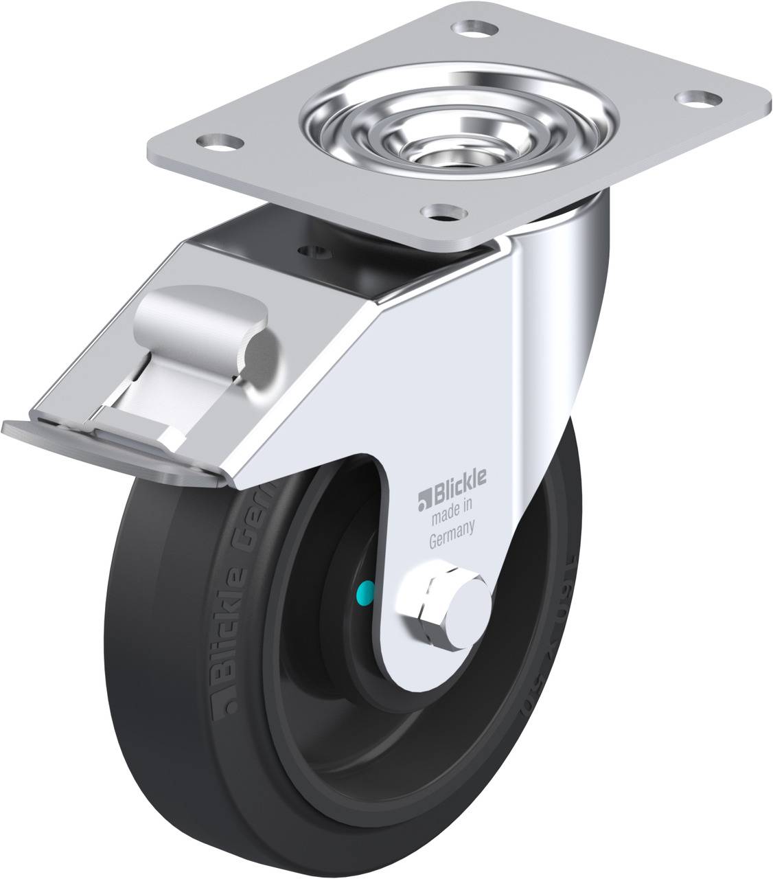 Schwenkrolle aus Metall mit schwarzem Rad und Platte zur Befestigung. Text 'Blickle made in Germany' auf dem Rollengehäuse.