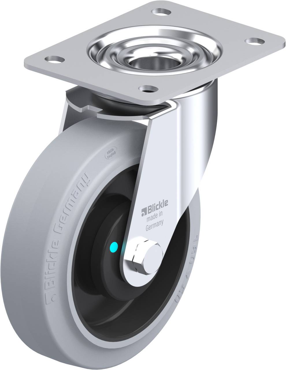Industrie-Schwenkrolle mit Metallplatte und grauem Gummirad. Auf dem Metallgehäuse ist 'Blickle made in Germany' eingraviert.